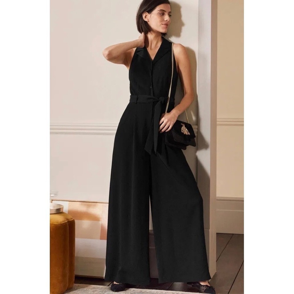 Boden Black Tuxedo Halterneck Wide Leg Jumpsuit Belted Sleeveless V-Neck NWT